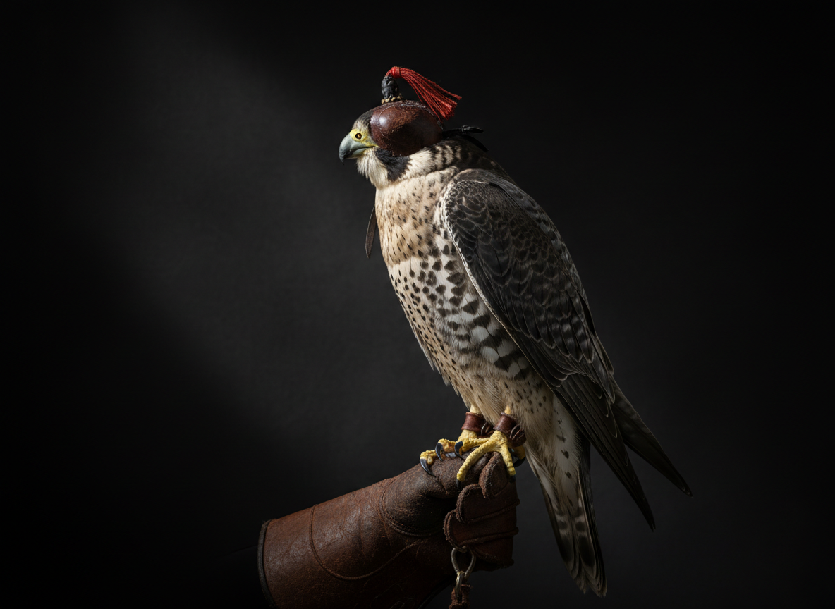 A peregrine falcon wearing a tooled-leather falconry hood on a gloved fist