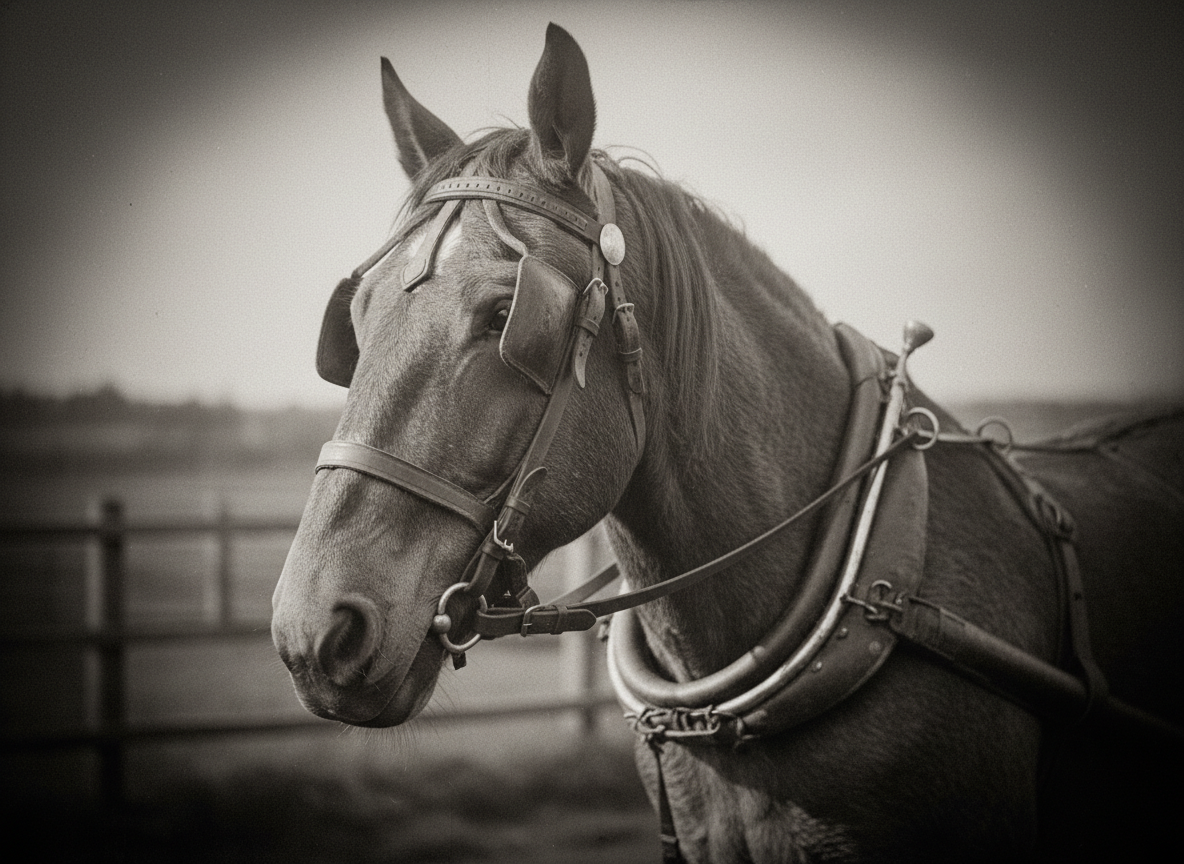 Vintage sepia portrait of a plough horse wearing leather blinkers