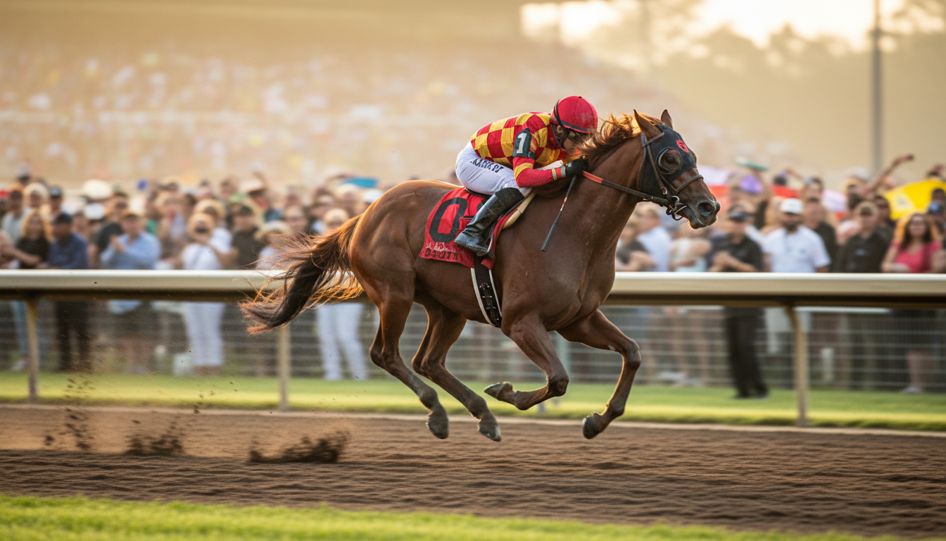 A racehorse mid-gallop wearing a blinker hood