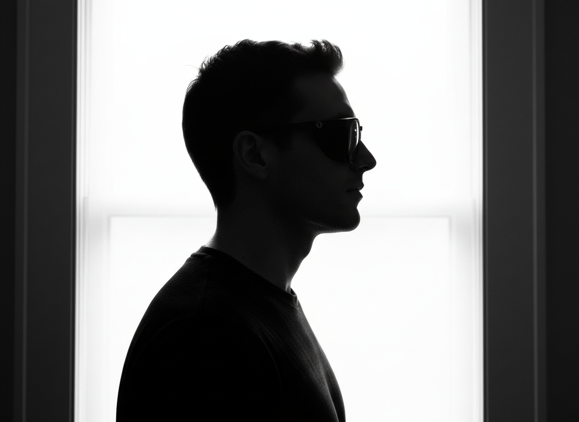 Profile of a person wearing matte black side-shielded glasses at a bright window